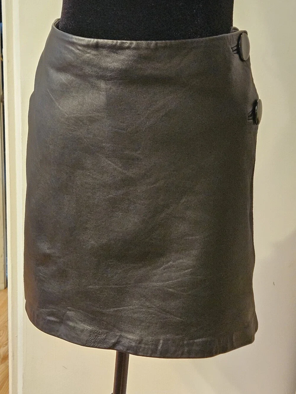 INC Classic Black Leather Button-Accent Skirt